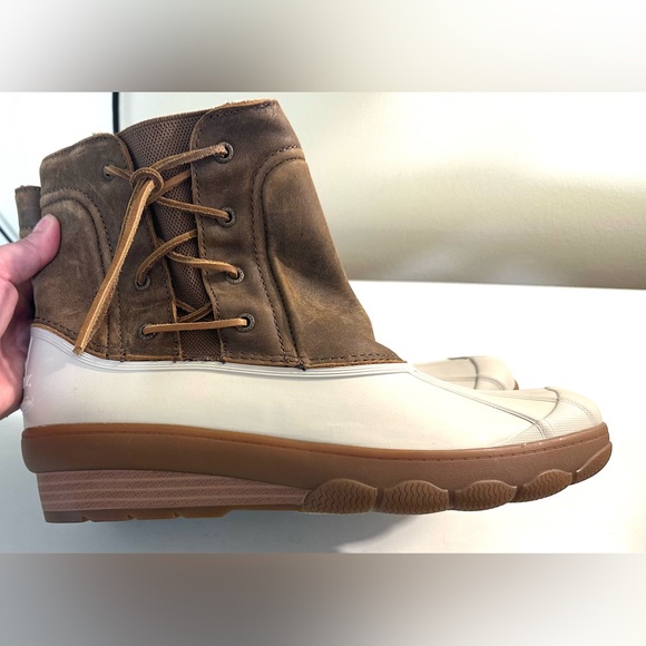SPERRY 12M Saltwater Spray Wedge Waterproof Rain Duck Boots Ivory Brown Quarter - Picture 14 of 15
